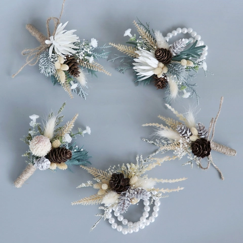 Forest Style Wedding Boutonniere Wrist Corsage Silk Flower Pine Cone Dried Flower Hemp Rope Artificial Pearl Rustic Decor
