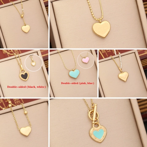 Collier Pendentif Coeur Acier Inoxydable Émail Double Face Ton Or Bijoux De Mode Pour Femmes Chaîne De Clavicule Élégante
