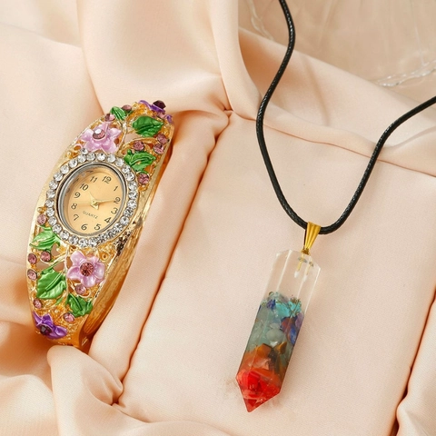 Vintage Floral Enamel Bangle Watch And Crushed Stone Resin Pendant Necklace Jewelry For Women Elegant Accessory