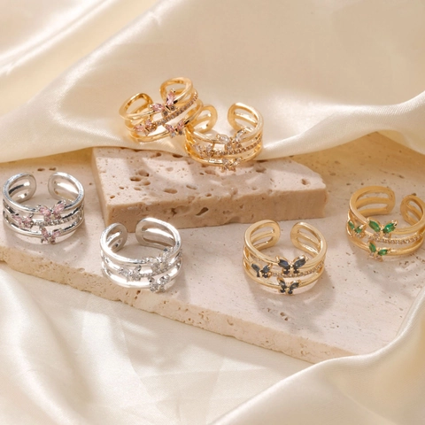 Butterfly Adjustable Ring Multi Layer Copper Alloy Cubic Zirconia Fashion Jewelry For Women