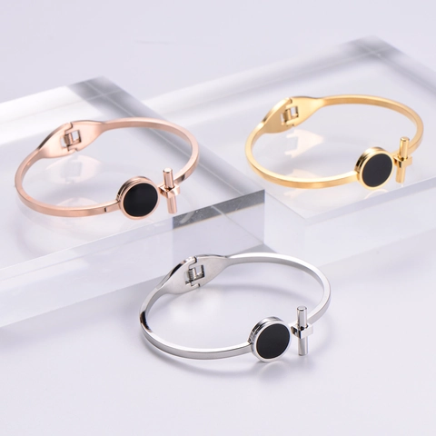 Bracciale Rigido Barra T Acciaio Inossidabile 316L Placcato Oro 18K Con Disco Rotondo Smalto Nero Gioielli Geometrici Minimalisti Donne