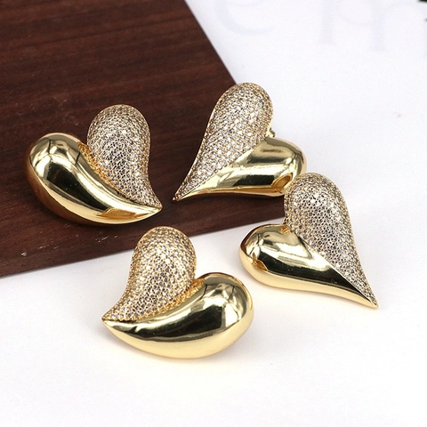 French Minimalist Copper Zirconia Heart Stud Earrings Vintage Geometric Water Drop Gold Inlaid Zircon Earrings For Women