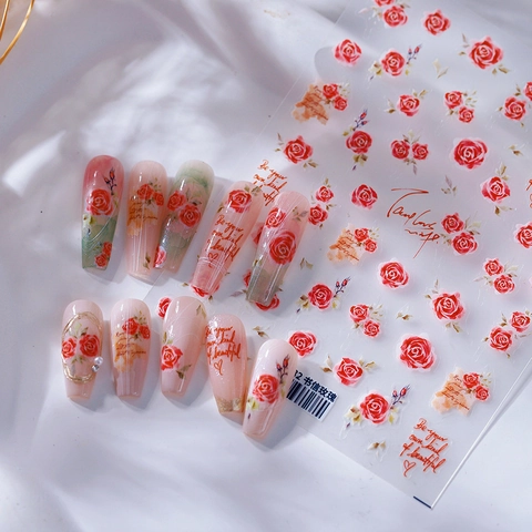 Autocollants À Ongles Rose Relief 3D Lettrage Floral Auto-Adhésif Romantique Élégant Décoration De Manucure DIY