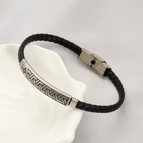 Pulsera De Cuero Trenzado Para Hombre Acero Inoxidable Patrón Geométrico Estrella Vintage Cuerda De Mano Joyería Moda