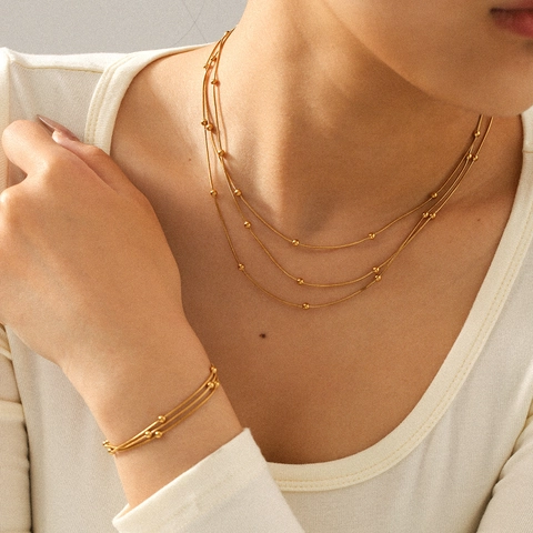 Multilayer Necklace And Bracelet Set Stainless Steel Gold Plated Bead Chain Stackable Minimalist Fashion Jewelry For Women