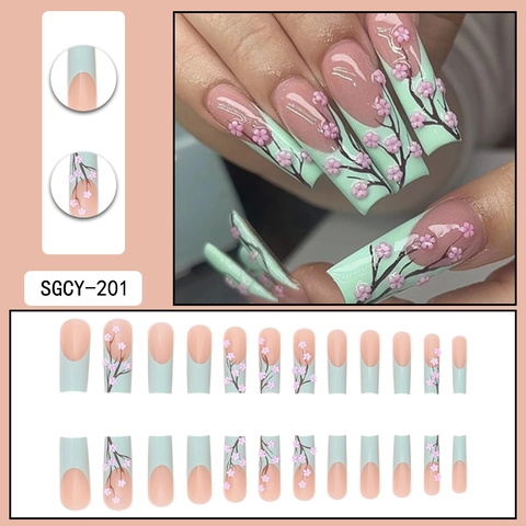 Press On Nails French Tips 3D Flower Embossed Long Square Nude Pink Mint Green False Nails Manicure Art Wearable