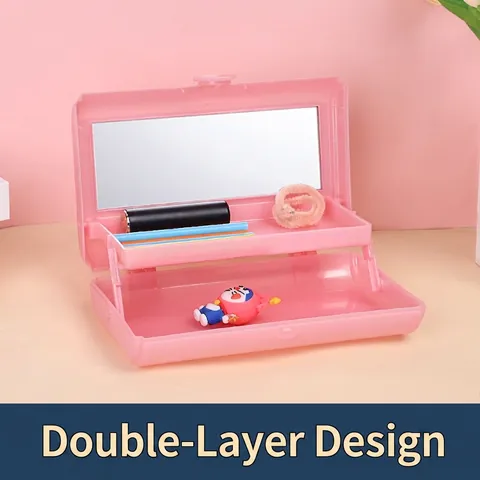 Tragbare Mehrstöckige Make-up-Organizer-Box Aus Kunststoff Mit Integriertem Spiegel Faltbare Staubdichte Reise-Kosmetik-Aufbewahrungstasche