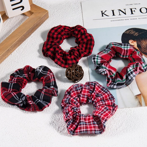 Coleteros De Cuadros De Navidad Vintage Elásticos De Tela Rojo Negro Buffalo Plaid Soporte Para Coleta Retro Para El Cabello