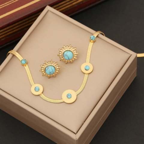 Set Gioielli Turchese Acciaio Inossidabile Pendente Sole Catena Serpente Collana Bracciale Orecchini Donna