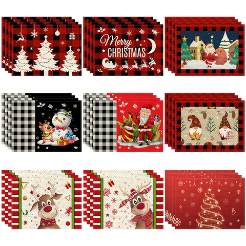 Christmas Placemats Linen Polyester Blend Waterproof Heat Resistant Holiday Dining Table Decor Reindeer Snowman Gnomes Print