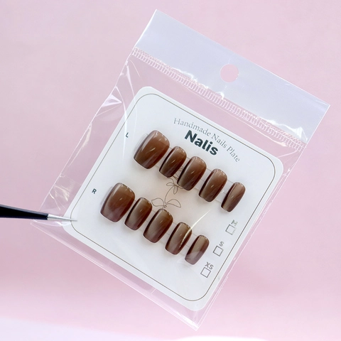 Faux Ongles À Presser Faits Main Œil De Chat Café Caramel Galaxie Paillettes Magnétiques Court Carré Brillant ABS