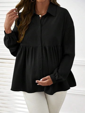 Umstandsbluse Langarm Polyester Chiffon Knopfleiste Reverskragen Schößchen Top Für Schwangere Frauen Lockerer Stil
