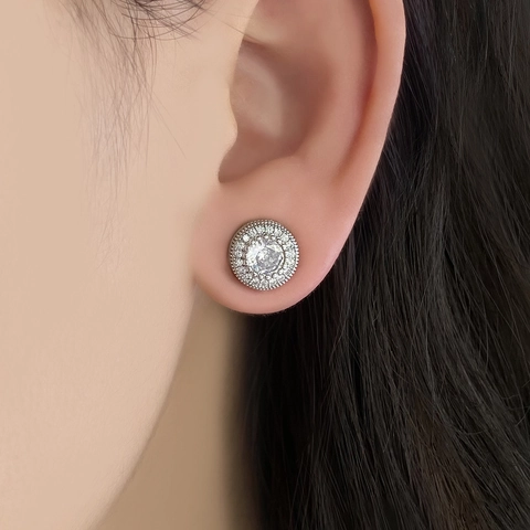 Round Halo Stud Earrings Copper AAA Cubic Zirconia Inlaid 18K Gold Plated Milgrain Edge Classic Jewelry For Women