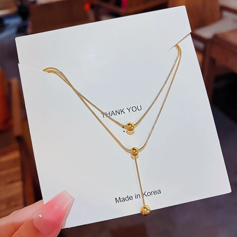 Double Layer Necklace Titanium Steel Gold Plated Round Beads Snake Bone Chain Y-Shape Pendant Minimalist Jewelry For Women