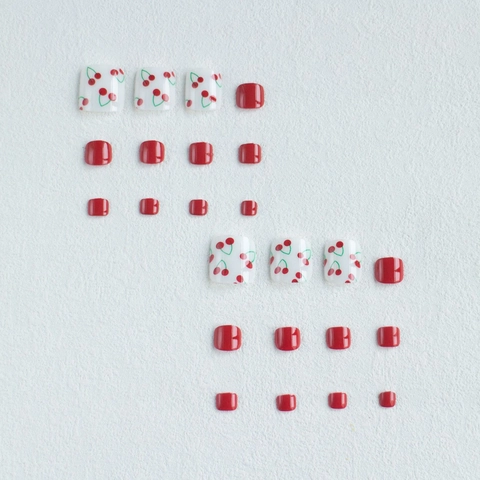 Glossy Red And White Toe Press On Nails With Cherry Pattern Summer Style Removable Artificial Toenails For Women