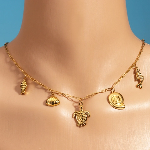 Collar Dije Tema Oceánico Acero Inoxidable Baño Oro 18K Concha Estrella De Mar Sirena Pez Tortuga Joyería Playa Verano