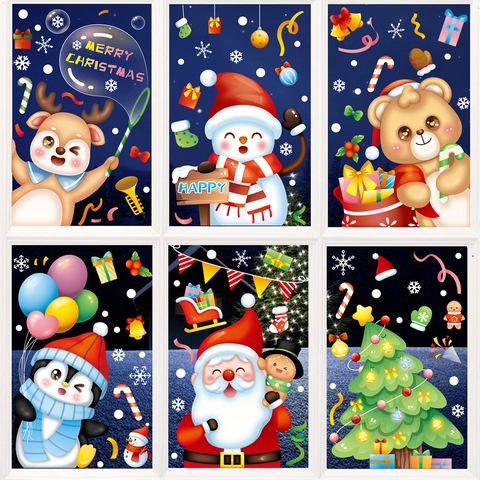 Christmas Window Clings PVC Static Stickers Reindeer Snowman Santa Snowflake Both Sides Printed Festive Holiday Decor