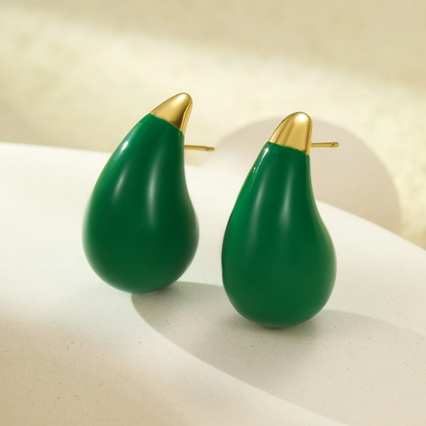 Orecchini a Bottone a Goccia in Acciaio Inossidabile Placcato Oro 18K Smalto Verde Vintage per Donna Gioielli Geometrici