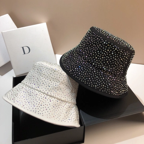 Sparkling Rhinestone Cotton Bucket Hat For Women Wide Brim Sun Protection Chic Summer Outdoor Travel Beach Basin Hat