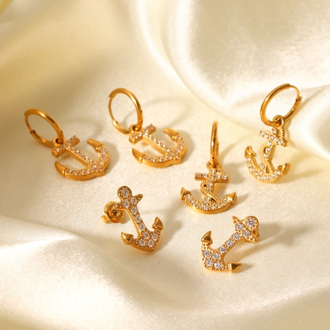 Anker Schelp Knopring Oorbellen Roestvrij Staal 18K Verguld Strass Zirkoon Nautische Maritieme Stijl Vrouwen Sieraden