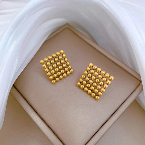 Minimalistische Titanium Stalen Oorknopjes Met Vierkant Geometrisch Raster Kraal Ontwerp Elegante Banquet Sieraden Voor Dames