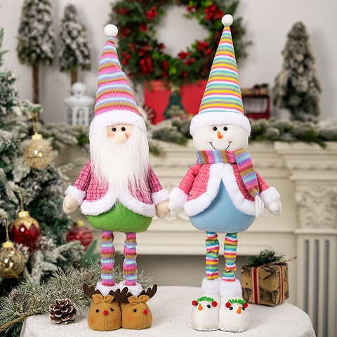 Bambola Peluche Babbo Natale Pupazzo Di Neve Gambe Telescopiche Cappello Arcobaleno Decorazione Natalizia Casa