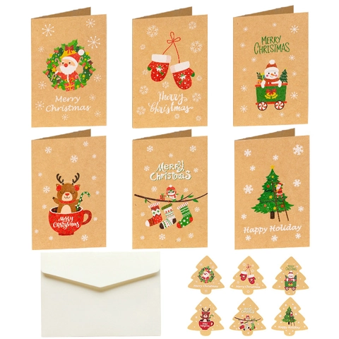 Christmas Greeting Cards Kraft Paper Envelopes Stickers Festive Holiday Party Decor Cartoon Santa Reindeer Pattern