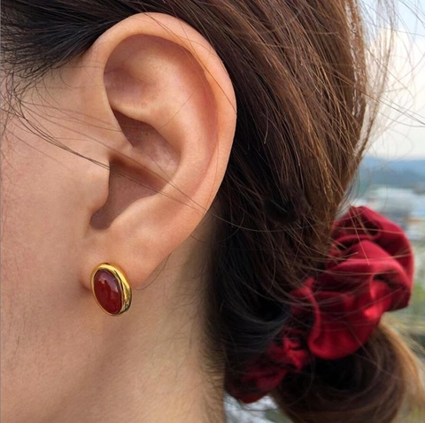 Orecchini A Lobo Vintage In Agata Rossa Con Perno In Argento Sterling 925 Placcato Oro 18K Ovali Gioielli Donna