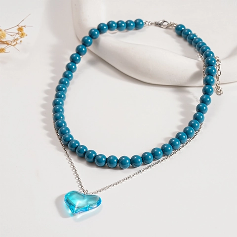 Doppelschichtige Halskette Mit Blauem Herzanhänger Glas Harzperlen Legierungskette Minimalistischer Schmuck Für Damen