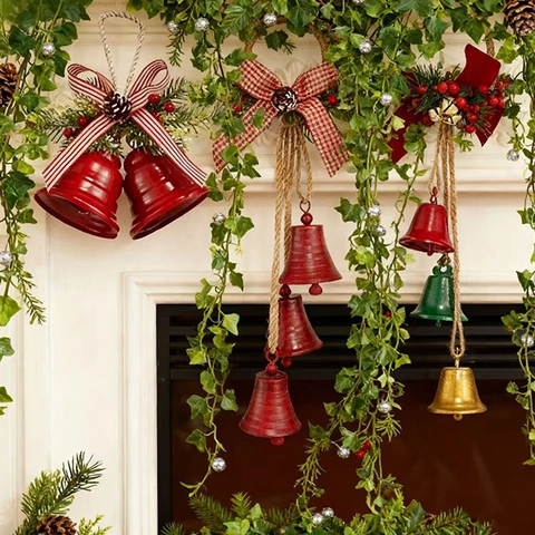 Christmas Hanging Metal Bells With Hemp Rope Pine Cone Berries Bowknot Retro Shabby Chic Holiday Tree Ornaments Decor
