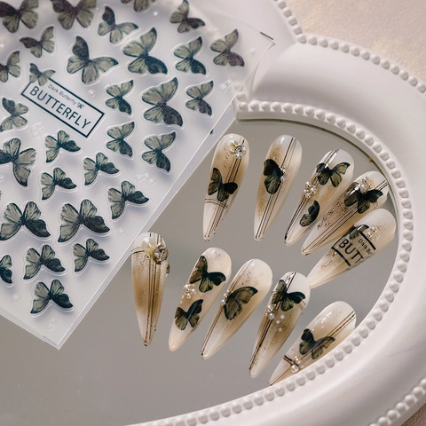 Dark Butterfly Nail Stickers Matte Semi Transparent PET Self Adhesive Vintage French Style Manicure Decoration