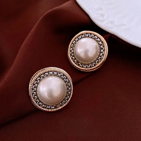 Round Button Earrings Vintage Alloy Imitation Artificial Pearl Two Tone With 925 Sterling Silver Earring Post Elegant For Women