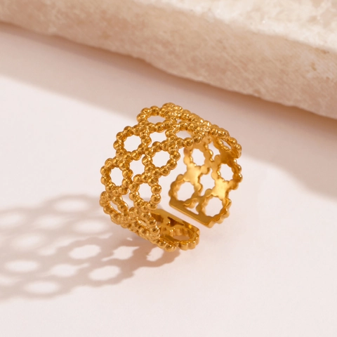 Anillos De Acero Inoxidable Malla Geométrica Hueca Doble Capa Ajustable Abierto Para Mujer Joyería Estilo Retro Francés
