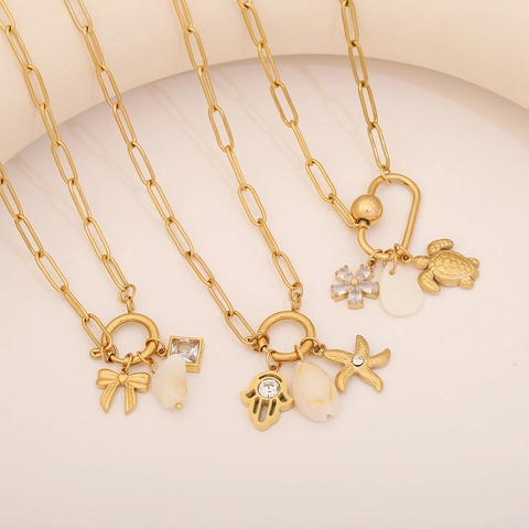 Collar Colgante De Acero Inoxidable Chapado En Oro Cadena De Clip Tortuga De Mar Estrella De Mar Concha Circón Mujer