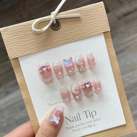 Handmade Press On Nails Pink Nude Gradient Coffin Shape 3D Butterfly Heart Rhinestone Faux Artificial Pearls Sweet Elegant