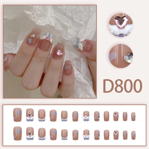French Style Press On Nails With Pink Heart Rhinestones Blue Plaid Angel Wings Design Long Square Fake Nail Tips
