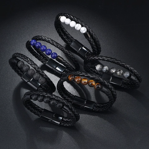 Double Layer Braided Leather Natural Stone Bead Bracelet Magnetic Buckle Retro Punk Style Jewelry Accessory For Men