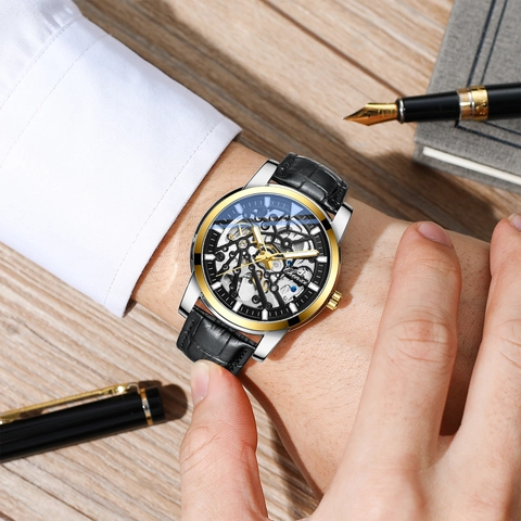Men Automatic Mechanical Watch Skeleton Dial Luminous Waterproof Business Leather Strap Luxury Wristwatch Elegant Gift