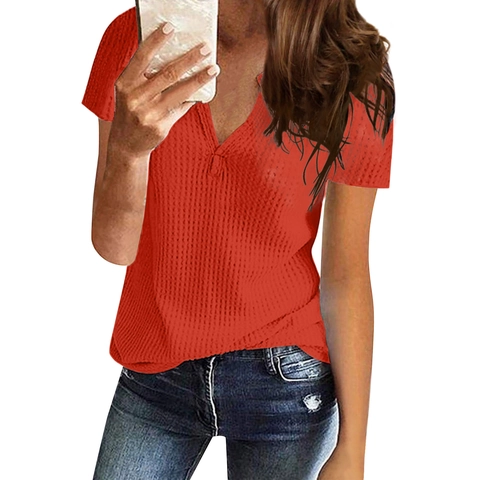 Women Plus Size Casual Waffle Knit T Shirt V Neck Short Sleeve Loose Mid Length Solid Color Basic Summer Top