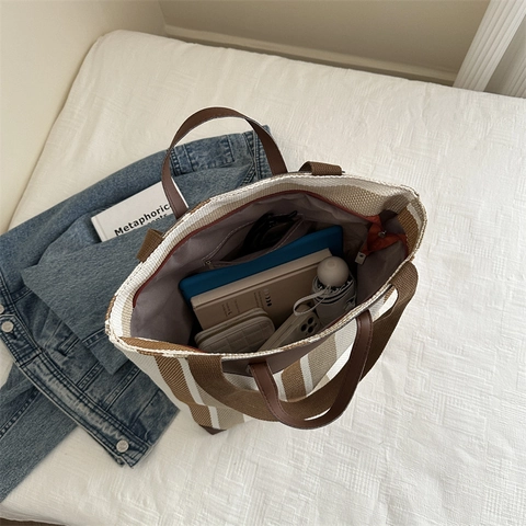 Borsa Tote A Righe Grande Capacità Tela Intrecciata Vintage Casual Borsa A Spalla Donna Con Finiture In Pelle