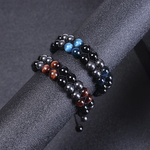 Natural Tigerauge Lagen Perlenarmband Verstellbares Geflochtenes Seil Schwarzachat Hämatit Heilstein Schmuck Herren