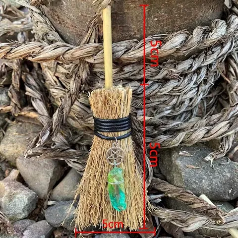 Mini Witch Broom Hanging Ornament Branch Straw Wicca Altar Decor With Metal Charm And Crystal Stone Pendant
