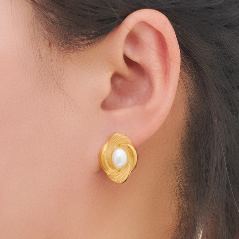 Vintage Stainless Steel Shell Vortex Stud Earrings For Women Artificial Pearl Rhinestone Inlaid Geometric Retro Jewelry