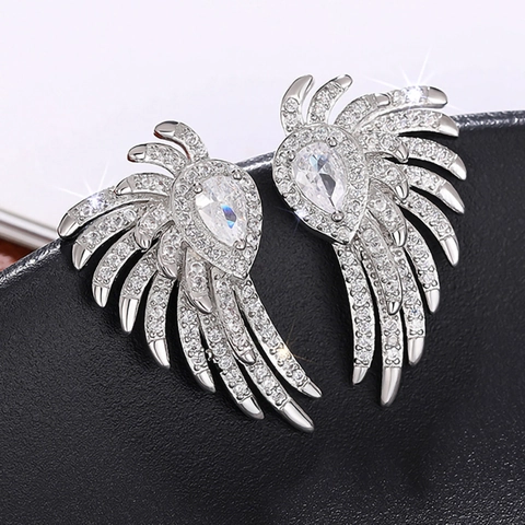 Luxury Angel Wing Stud Earrings For Women With Copper And Shiny Zirconia Pear Shape Stone Elegant Feather Jewelry Gift