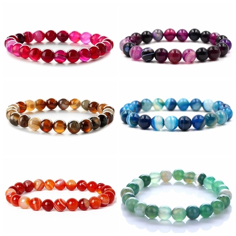 Natural Striped Agate Bead Bracelet Round Stone Elastic Healing Jewelry For Men Women Daily Wear Multiple Colors