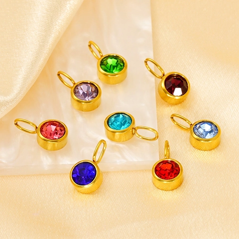 Colgantes Redondos De Piedra De Nacimiento Acero Inoxidable Chapado En Oro 18K Circonita De Colores DIY Joyería Moda Mujeres