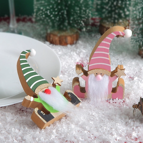 Ornement De Gnome De Noël En Bois Chapeau Rayé Longue Barbe Blanche Étoile Paillettes Figurine Décorative De Bureau