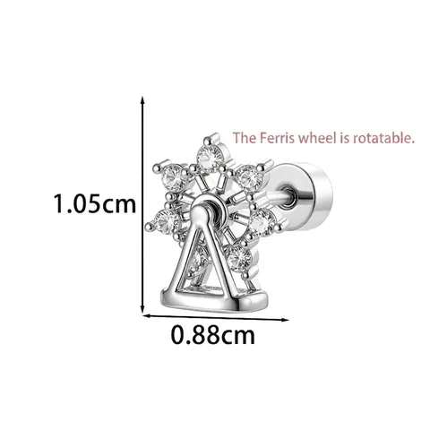 Rotating Ferris Wheel Ear Bone Stud Copper With Titanium Steel Zircon Inlaid Screw Flat Back Piercing Jewelry For Women