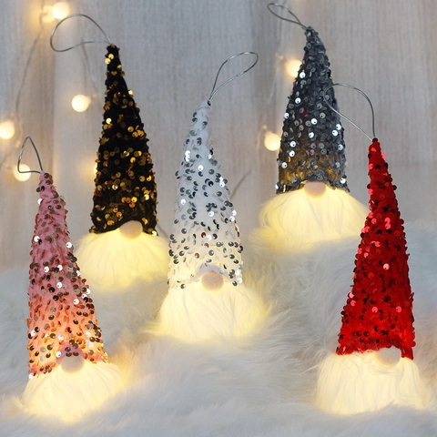 Christmas Gnome Ornaments LED Lighted Sequin Fabric Faux Fur Nordic Rudolf Swedish Tomte Hanging For Tree Home Party