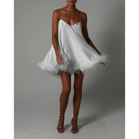 Sexy White Satin Camisole Mini Dress With Feather Trim And Rhinestone Straps Backless V Neck Party Evening Outfit Women